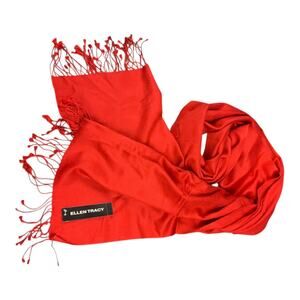 Ellen Tracy Red Cashmere Silk Scarf Fringe Wrap Shawl approx 20”x80”+2”